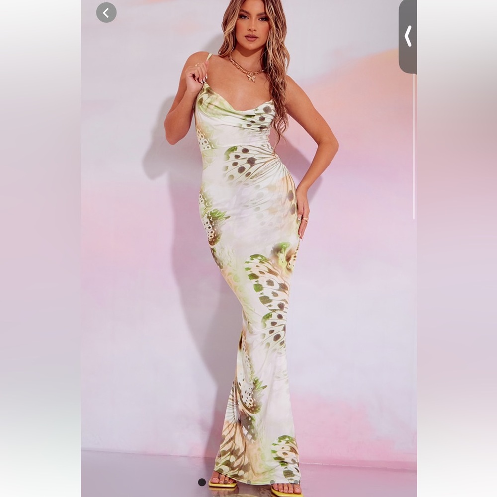 PLT Green Butterfly Print Slinky Cowl Maxi Dress Size 2 NWT